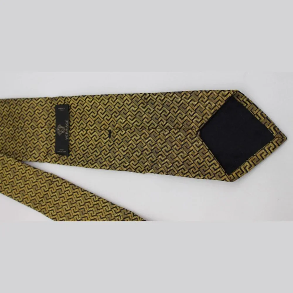 $250 Versace Medusa 100% Silk Tie - Gold/Black Greek Key Pattern - NWOT